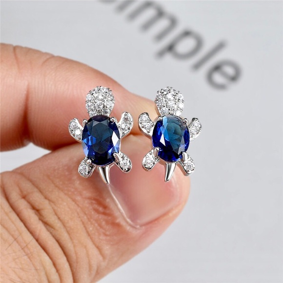 “Just Keep Swimming” Blue Turtle Diamond Earrings - Picture 2 of 10